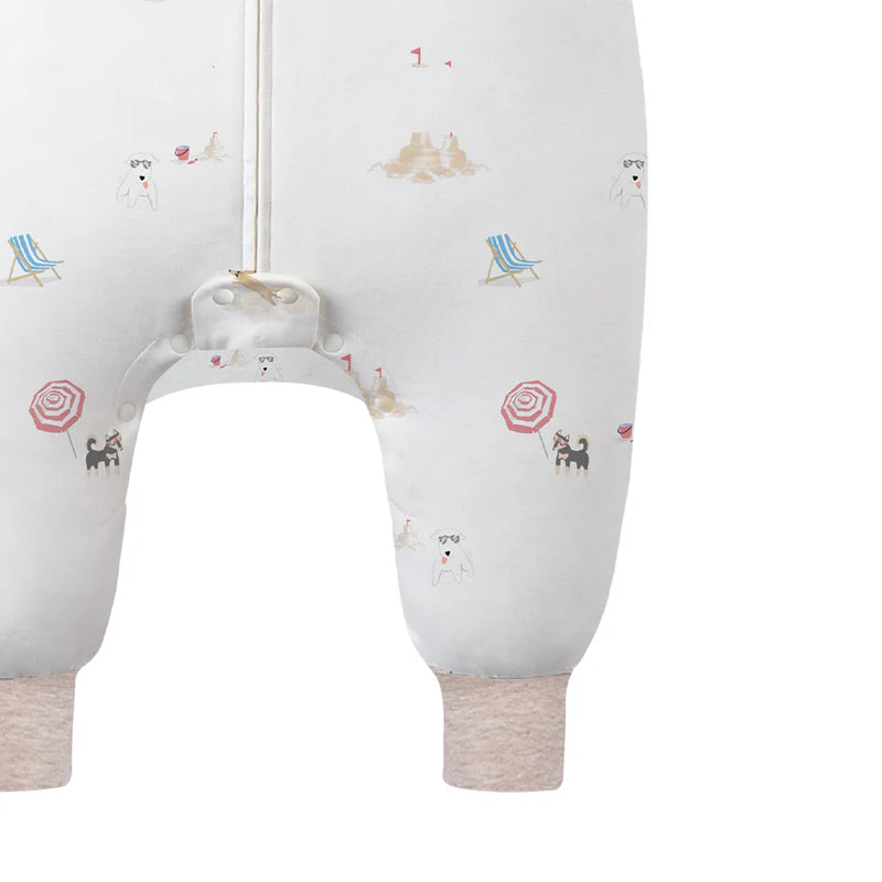 Nest Designs Avocado Bamboo Long Sleeve Footed Sleep Bag 1.0 Tog Beach Daze, white with beach print, front zipper.