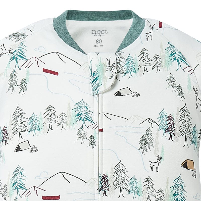 Nest Designs Avocado Bamboo Long Sleeve Footed Sleep Bag 1.0 Tog Happy Trails, white with teal collar and forest print, front zipper