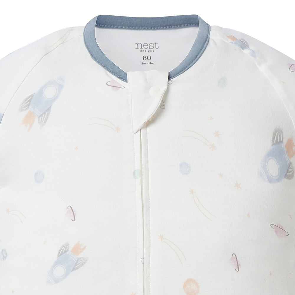 Nest Designs Avocado Bamboo Long Sleeve Footed Sleep Bag, white with pastel rocket print, blue trim, front zipper, 1.0 tog