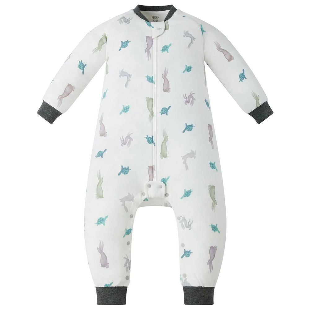 Nest Designs Avocado Bamboo Long Sleeve Footed Sleep Bag 1.0 Tog; white with pastel sea creatures, zipper keeps baby snug.