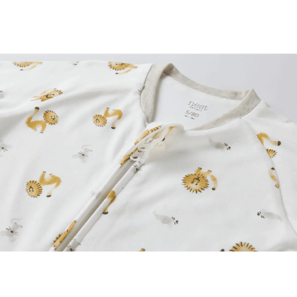 Nest Designs Avocado Bamboo Long Sleeve Footed Sleep Bag, white with yellow lion prints, 1.0 Tog, front zip open