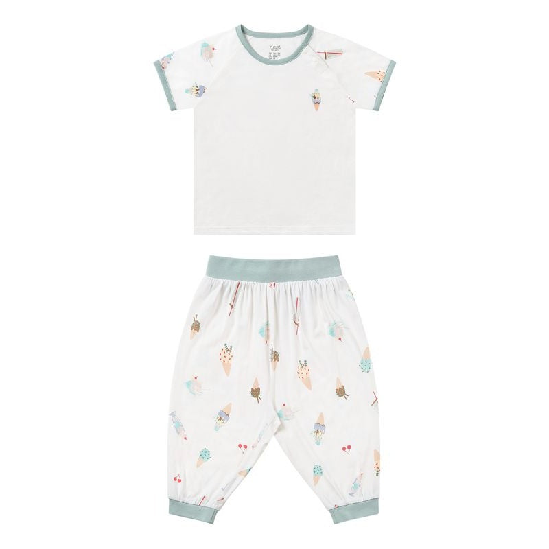 Nest Designs Avocado Bamboo Short Sleeve Play Set Ice Cream Summer: white tee with teal trim and ice-cream prints paired with teal-cuffed pants.