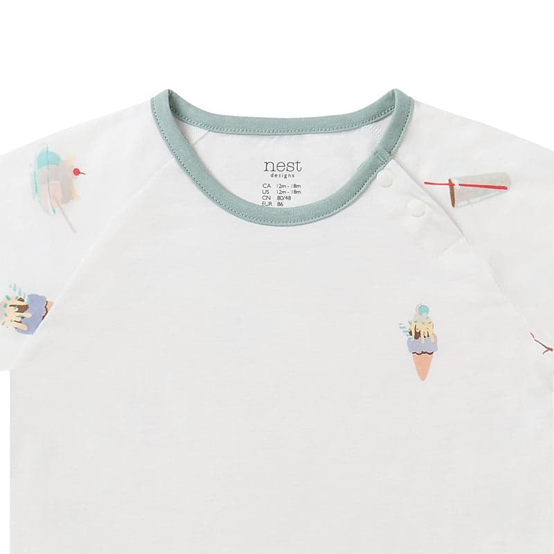 Nest Designs Avocado Bamboo Short Sleeve Play Set Ice Cream Summer, white with ice cream prints, aqua trim, shoulder snaps.