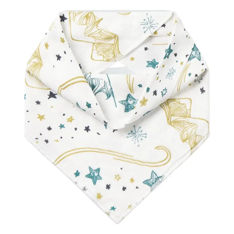 Nest Designs bamboo baby bandana bib, white with teal/gold stars, laid flat to show neckband; one size 3M–24M
