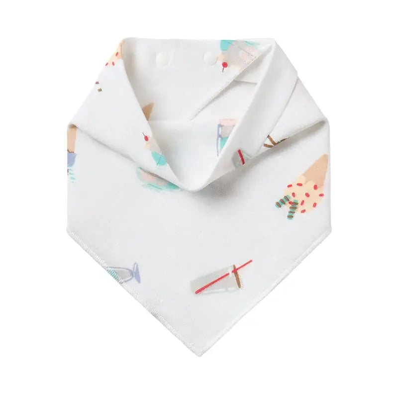 Nest Designs Bamboo Baby Bandana Bib One Size (3M-24M) white with colorful prints, folded to reveal neck closure.