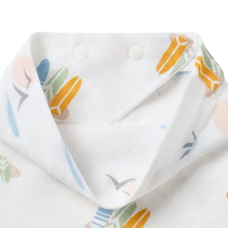 Nest Designs Bamboo Baby Bandana Bib, white with colorful pencil print, one size (3–24 months), snaps at neck.