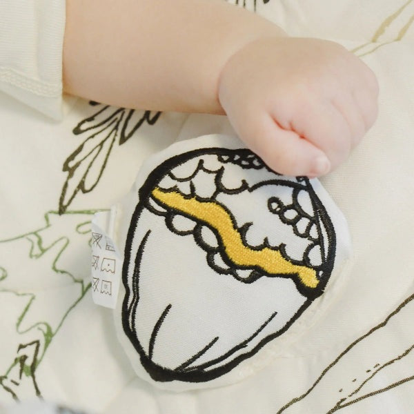 Nest Designs bamboo baby play mat and activity gym, Fresh Forest design in white with embroidered patch