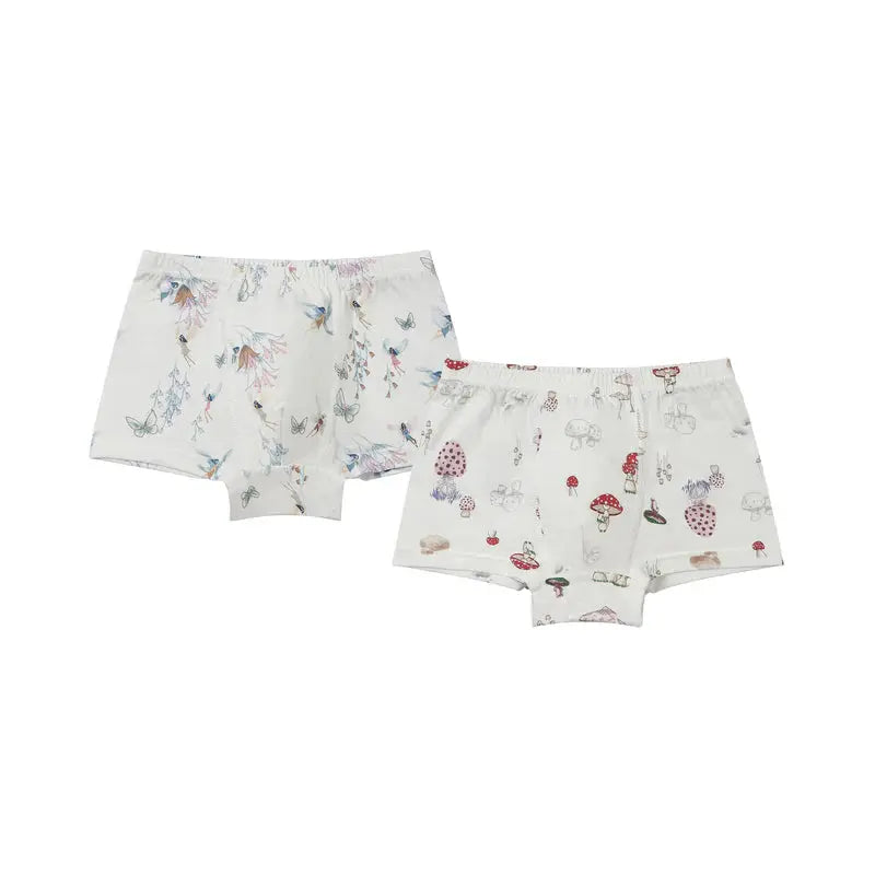 Nest Designs Bamboo Boys Boxer Briefs Underwear 2-pack Meadow Mystery laid flat to show colorful butterfly and mushroom prints.