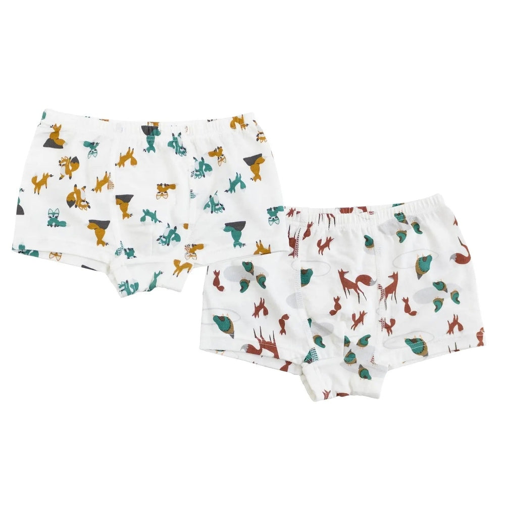 Nest Designs Bamboo Boys Boxer Briefs Underwear 2-Pack, white with fox print, laid flat.