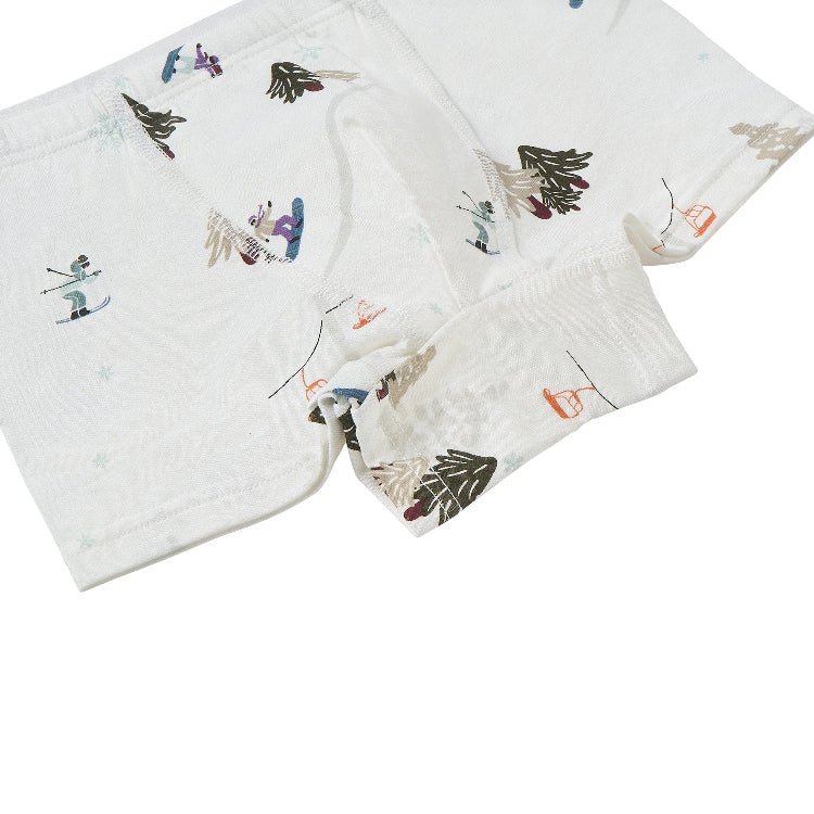 Nest Designs Bamboo Boys Boxer Briefs Underwear 2 Pack Winter Fun, white fabric with ski-themed print shown laid flat