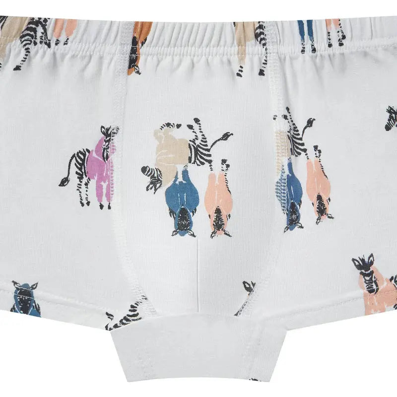 Nest Designs Bamboo Boys Boxer Briefs Underwear Serengeti, white with colorful zebra print and stretchy waistband