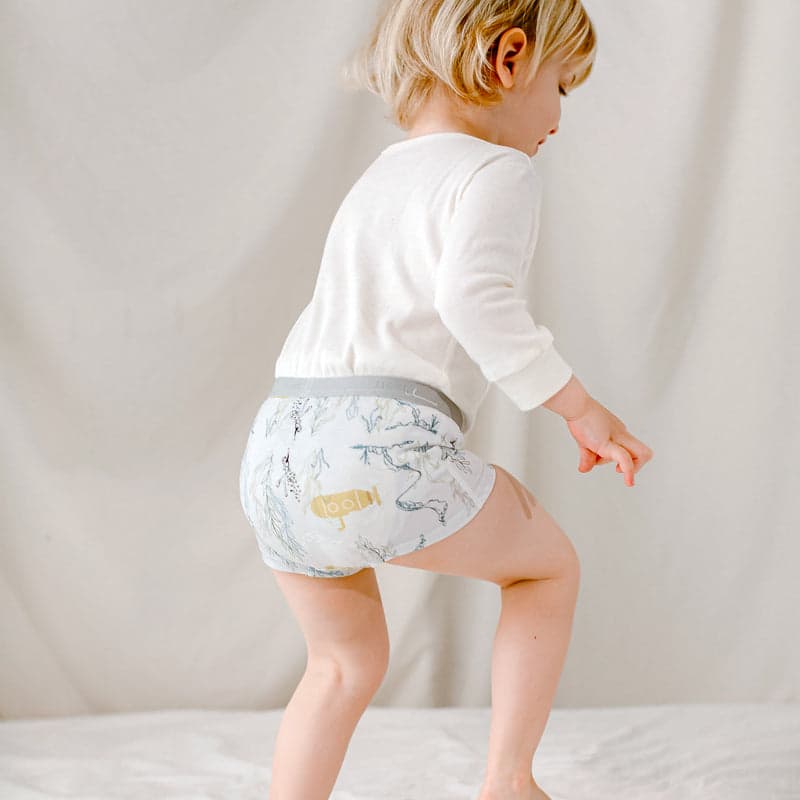 Nest Designs Bamboo Boys Boxer Briefs Underwear 2-pack in marine print, toddler standing in a white shirt.