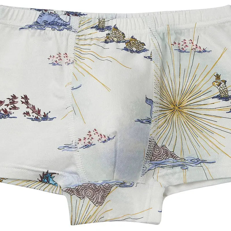 Nest Designs Bamboo Boys Boxer Briefs Under The Sea print, two-pack, white bamboo fabric.