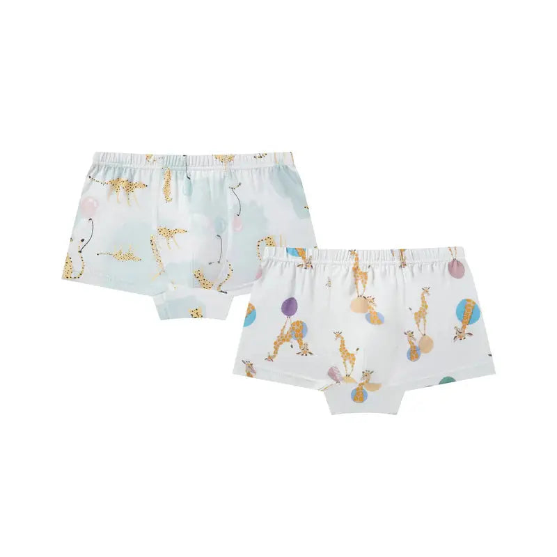 Nest Designs Bamboo Boys Boxer Briefs Underwear Prairie Fun two-pack in light blue/white safari print, laid flat to show stretchy elastic waist.