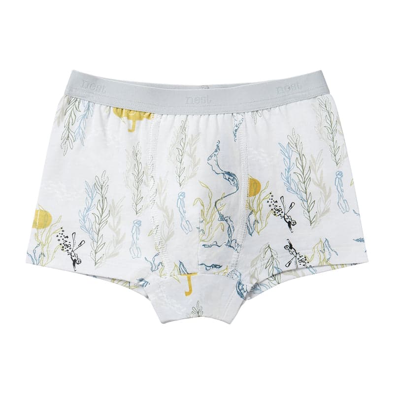 Nest Designs Bamboo Boys Boxer Briefs Underwear (2 Pack) Deep Blue Wonders, white with blue-yellow seaweed print and gray waistband