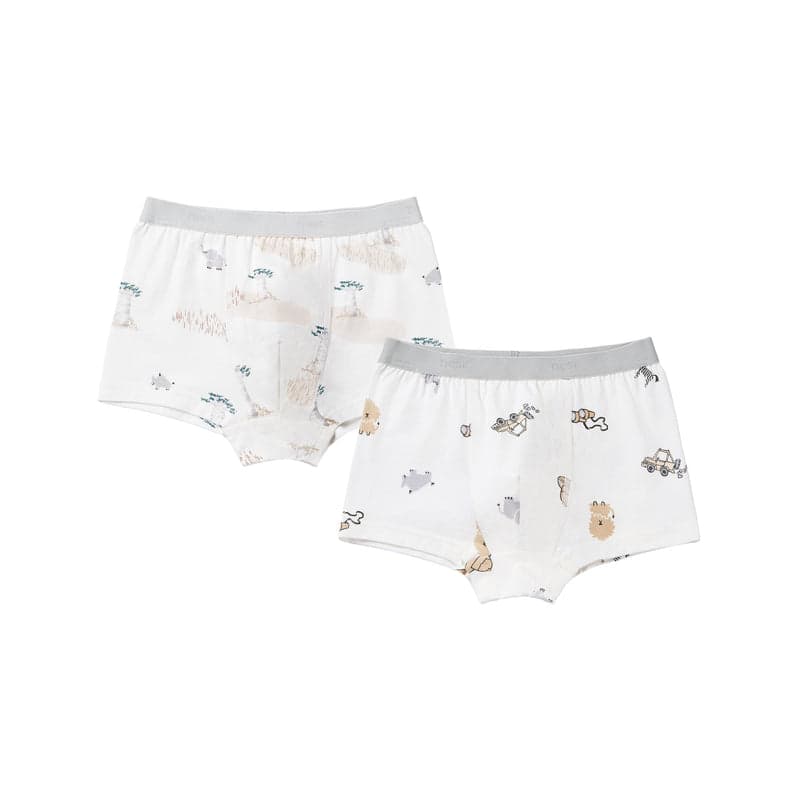 Nest Designs Bamboo Boys Boxer Briefs 2-Pack Savanna Secrets; white with grey waistbands and playful animal prints, shown side by side.