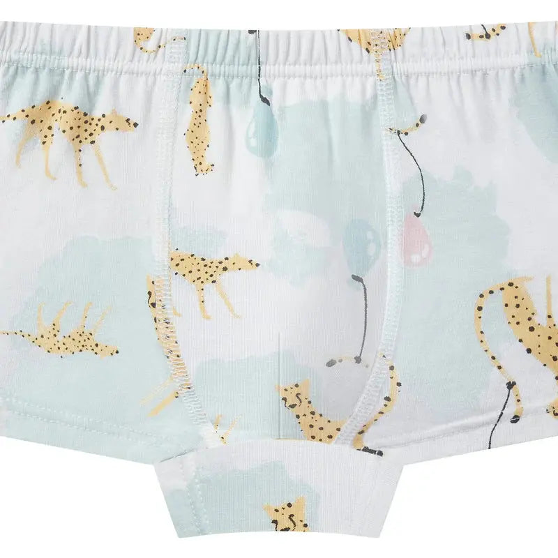 Nest Designs Bamboo Boys Boxer Briefs Underwear Prairie Fun 2-Pack in light blue with cheetah print and visible elastic waistband.