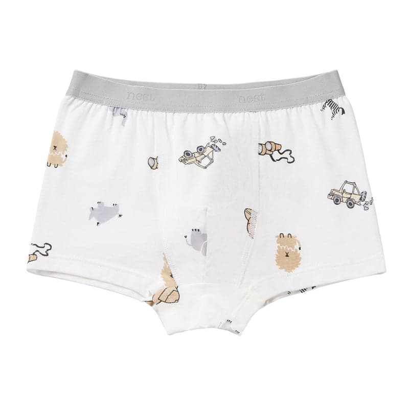 Nest Designs Bamboo Boys Boxer Briefs Underwear (2 Pack) Savanna Secrets, white with gray waistband and safari prints