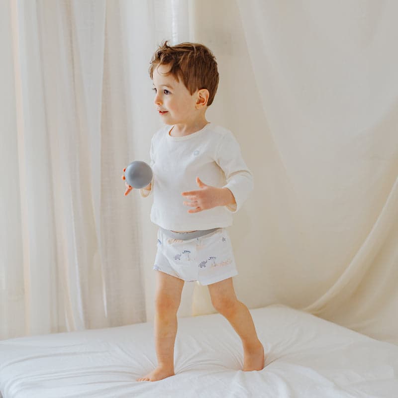 Nest Designs Bamboo Boys Boxer Briefs 2-Pack Savanna Secrets; toddler in white shirt stands on bed holding a gray ball