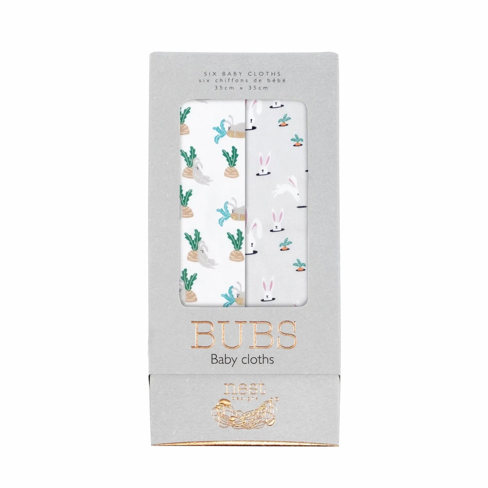 Nest Designs Bamboo Bubs Baby Washcloth Set (6-pack) shown as two cloths with plant and bunny prints in a gray box.