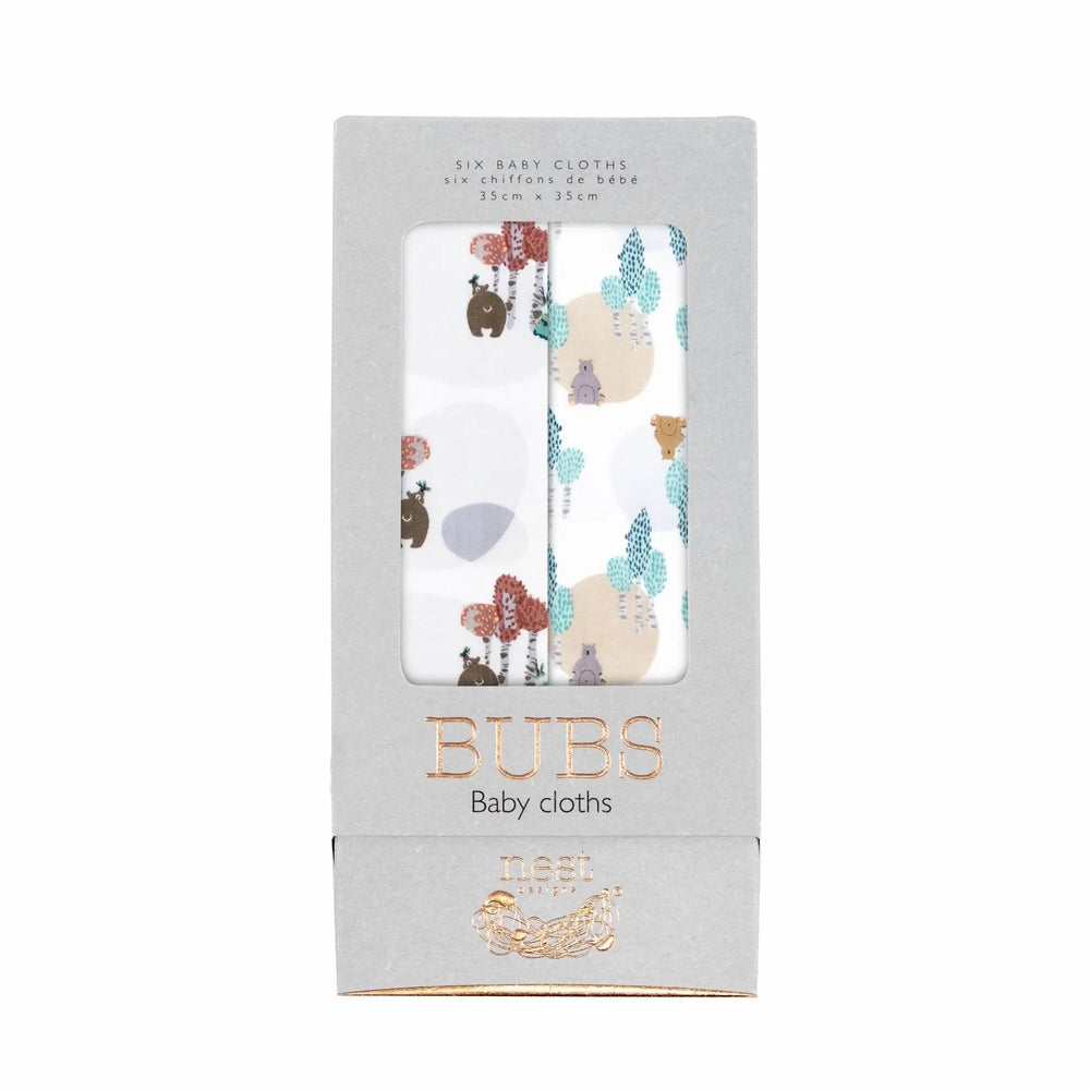 Nest Designs Bamboo Bubs Baby Washcloth Set (6-pack) in woodland bear/tree prints, soft bamboo fabric shown in gray package