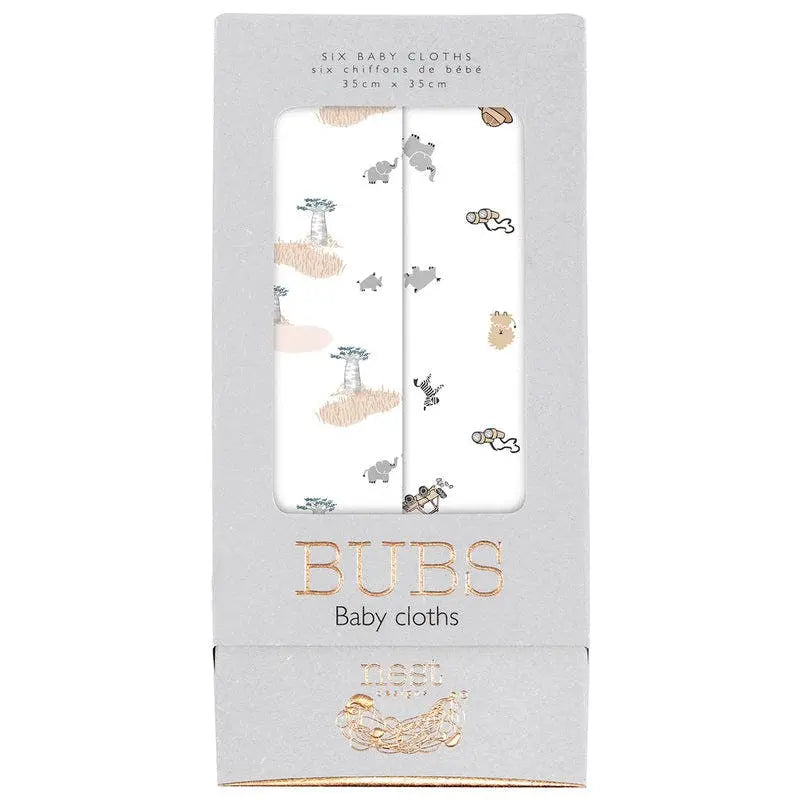 Nest Designs Bamboo Bubs Baby Washcloth Set (6 Pack): white washcloths with animal prints, shown in packaging.