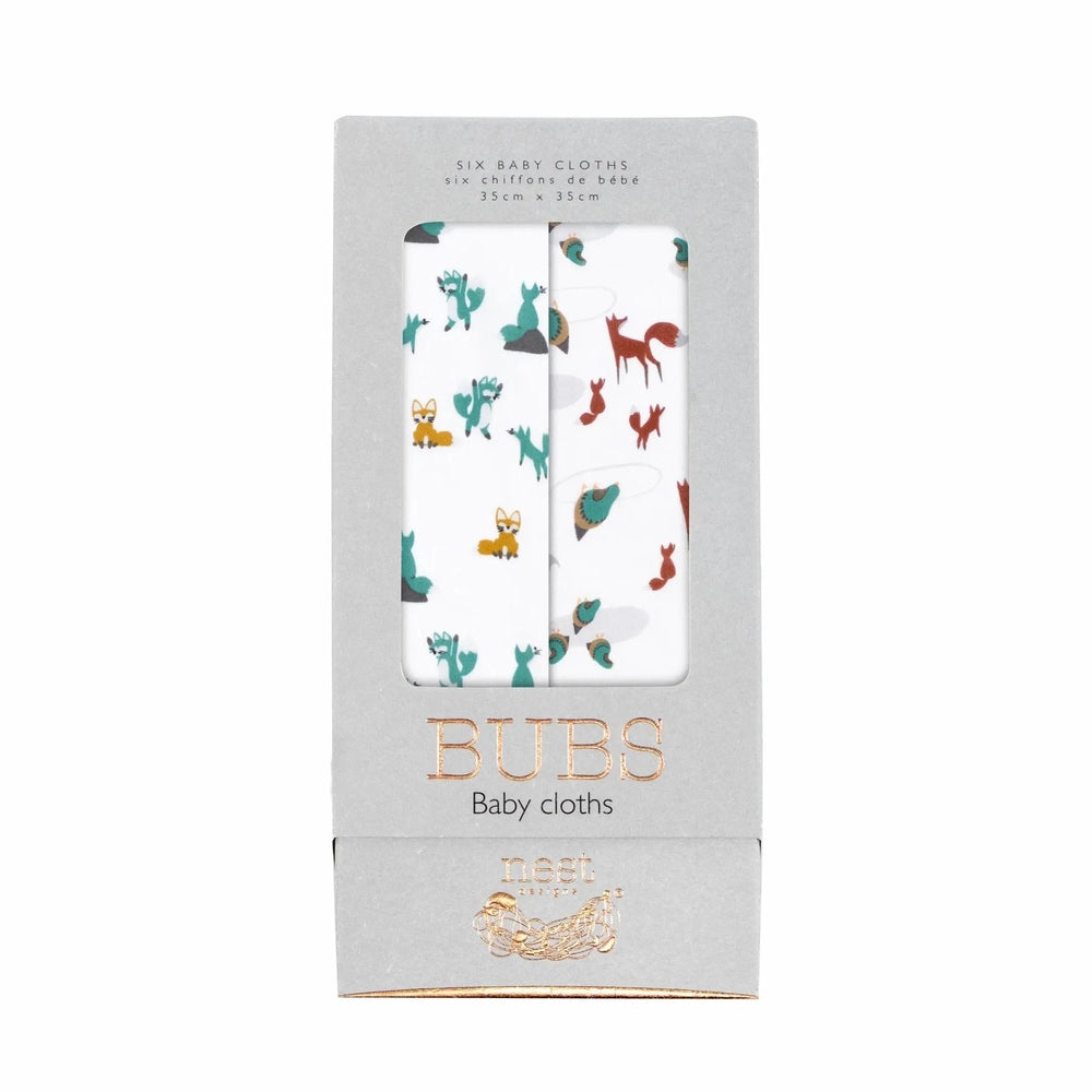 Nest Designs Bamboo Bubs Baby Washcloth Set (6 Pack): two white washcloths with teal animal prints shown in a gray window box