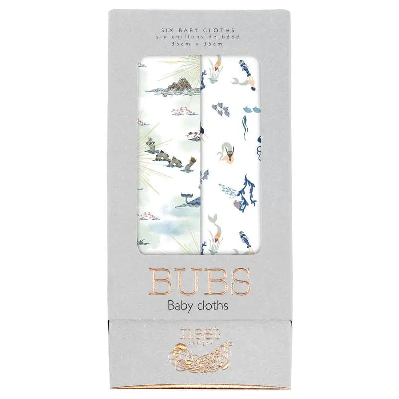 Nest Designs Bamboo Bubs Baby Washcloth Set (6-pack) in a gray box, soft bamboo fabric for bath time.