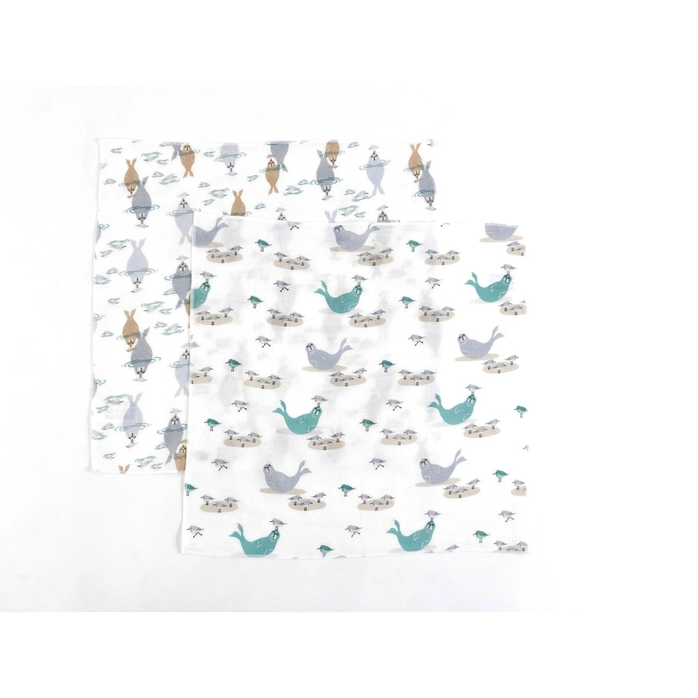 Nest Designs Bamboo Bubs Baby Washcloth Set (6 Pack)—white washcloths with teal/gray bird print laid flat for bath-time.