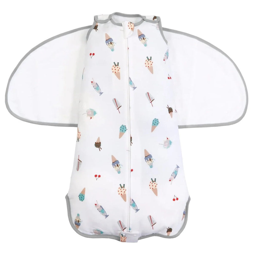 Nest Designs bamboo cotton swaddle sleep bag 1.0 Tog Ice Cream print, white with gray trim, 0–6M