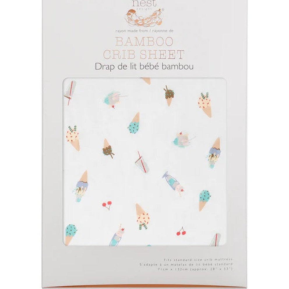 Nest Designs bamboo crib sheet Ice Cream Summer; white fabric with pastel ice cream cone illustrations