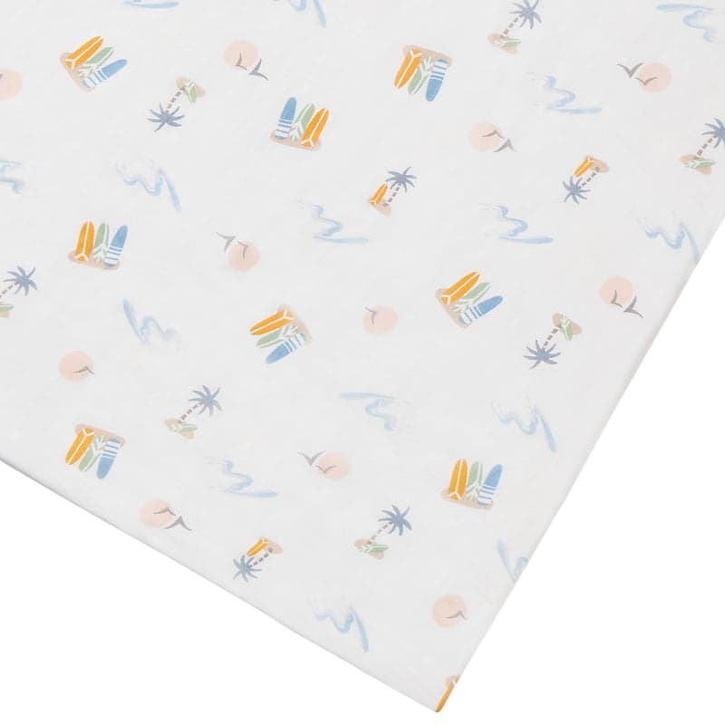 Bamboo Nest Designs crib sheet, Pastel Waves pattern with soft blue waves and palm trees.