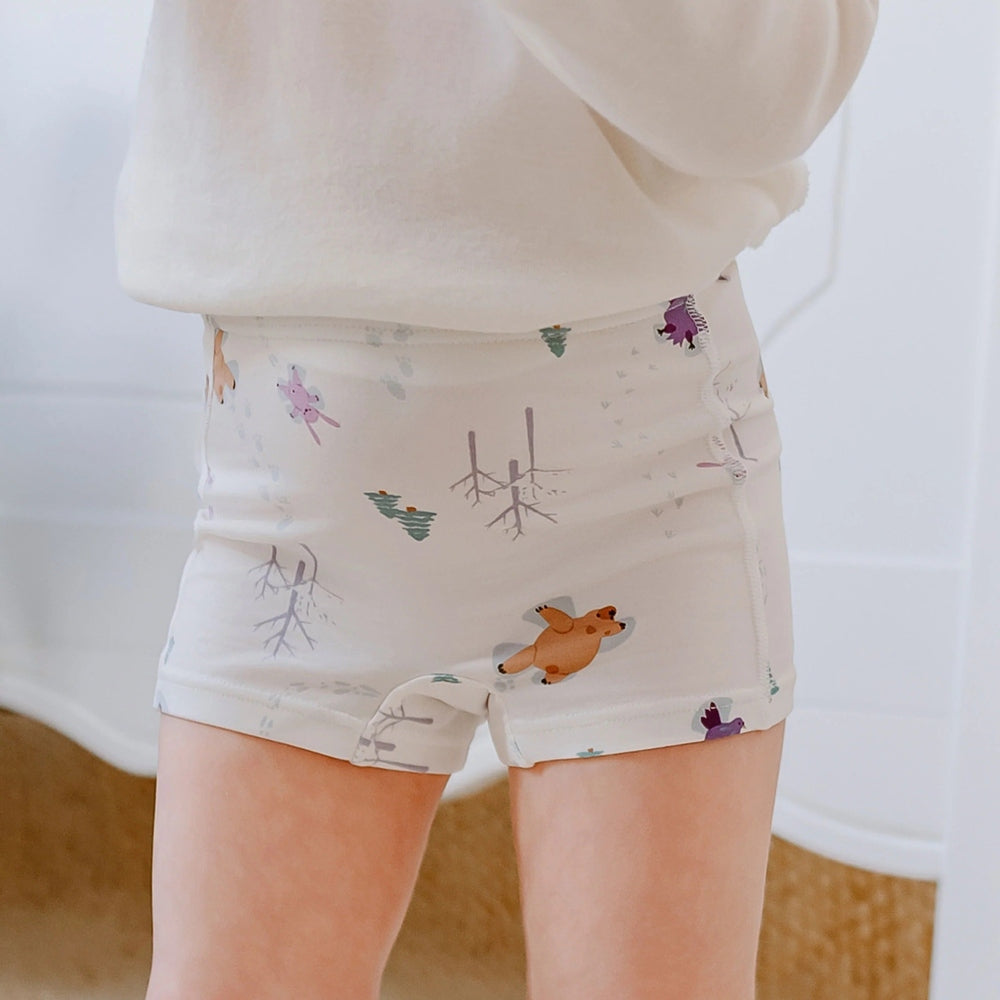 Nest Designs Bamboo Girls Boy Short Underwear (2 Pack) Snow Buddies, cream shorts with bears and trees, worn on a child for a snug fit