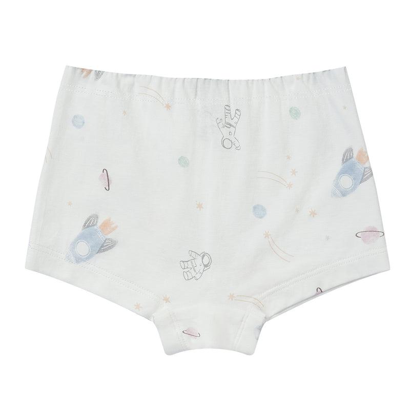 Nest Designs Bamboo Girls Boy Short Underwear To Infinity, laid-flat white bamboo fabric with space-rocket print, 2-pack.