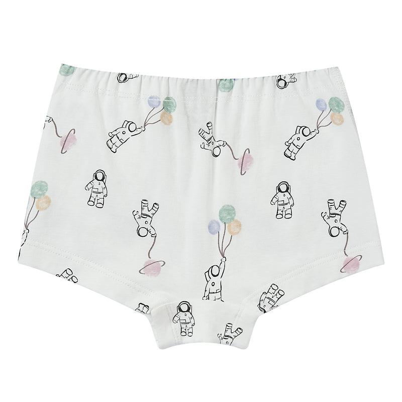 Nest Designs Bamboo Girls Boy Short Underwear, 2-pack, white with astronauts and pastel balloon print.