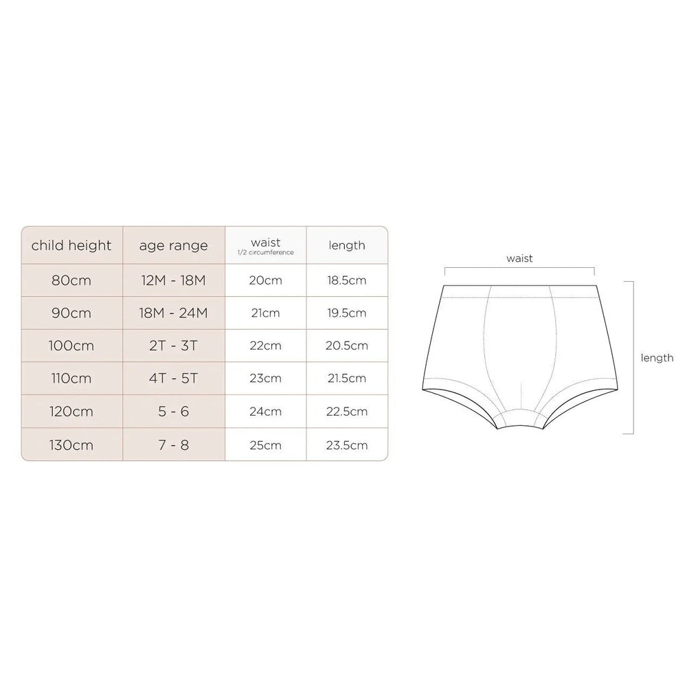 Nest Designs Bamboo Girls Boy Short Underwear 2-Pack Sahara Sky, size chart shows waist/length measurements.