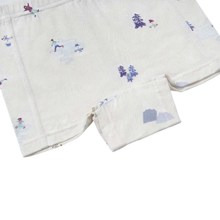 Nest Designs Bamboo Girls Boy Short Underwear Snow Buddies, white bamboo fabric with snowy prints and stretchy waistband (2-pack).
