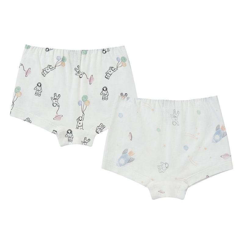 Nest Designs Bamboo Girls Boy Short Underwear 2-Pack To Infinity — two white shorts with space prints and stretchy elastic waist