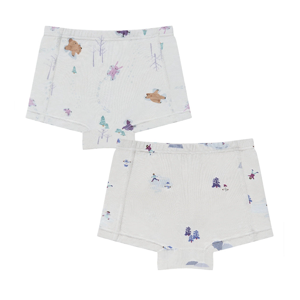 Nest Designs Bamboo Girls Boy Short Underwear (2 Pack) Snow Buddies: two white shorts with winter print laid flat.