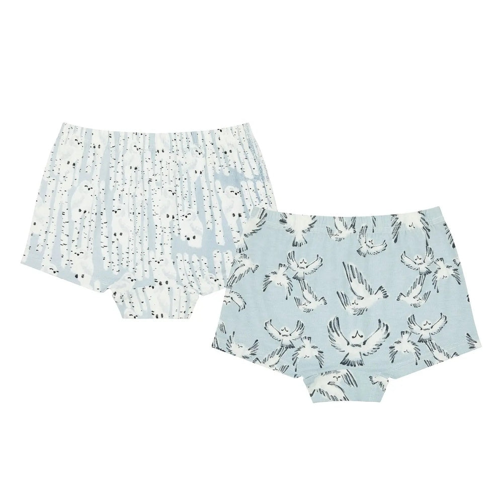 Nest Designs Bamboo Girls Boy Short Underwear (2 Pack) Owls, light blue/white two-pack laid flat to show owl print