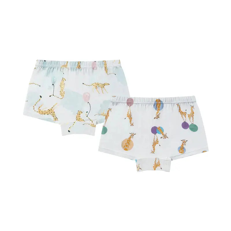 Nest Designs Bamboo Girls Boy Short Underwear 2-Pack Prairie Fun, two light-blue pairs with giraffe prints.