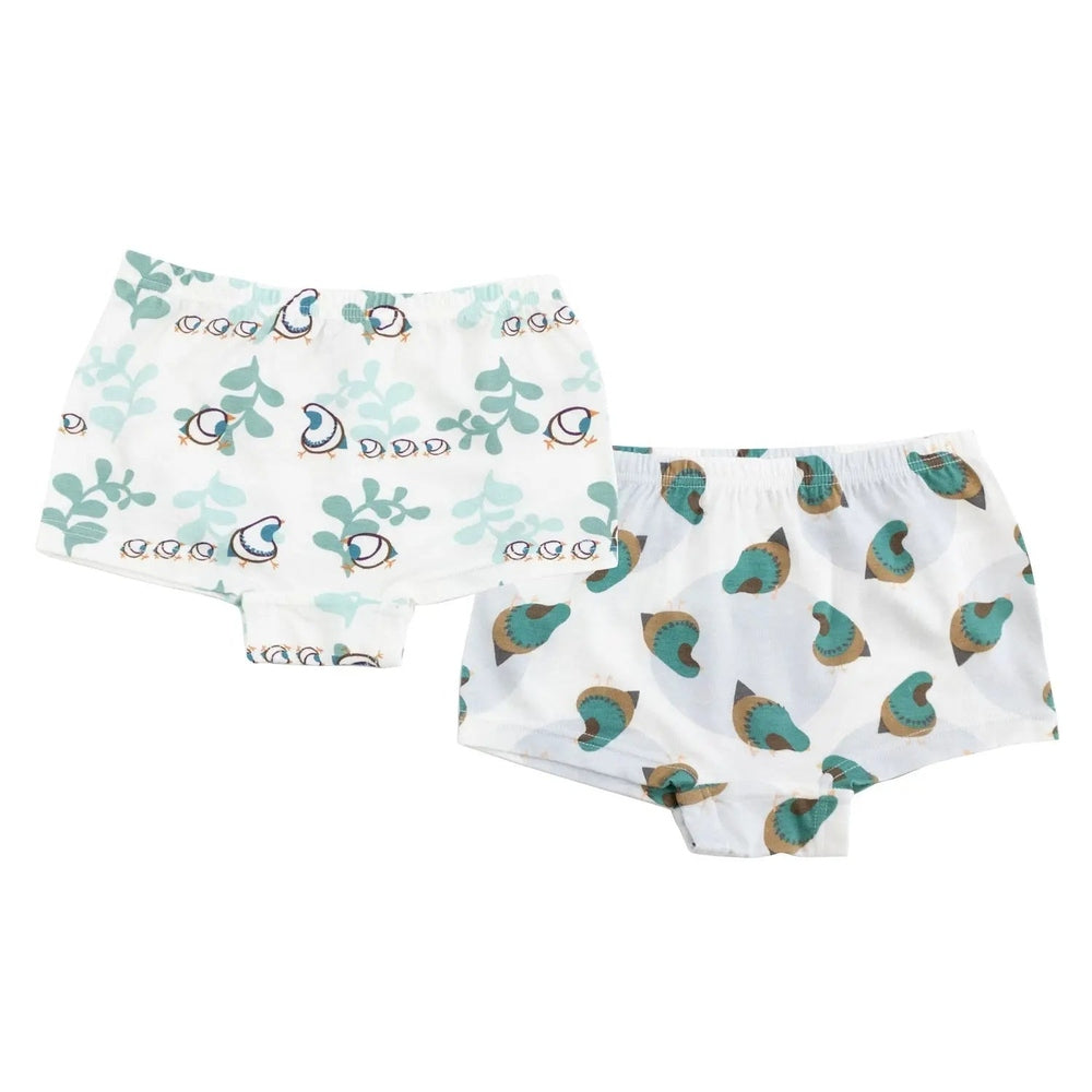 Nest Designs Bamboo Girls Boy Short Underwear 2-Pack, teal quail prints; two soft briefs laid flat with elastic waistbands.
