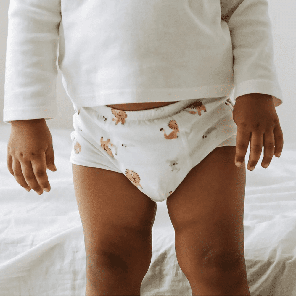 Nest Designs Bamboo Girls Boy Short Underwear 2-pack in white with lion and goose print, worn by toddler.