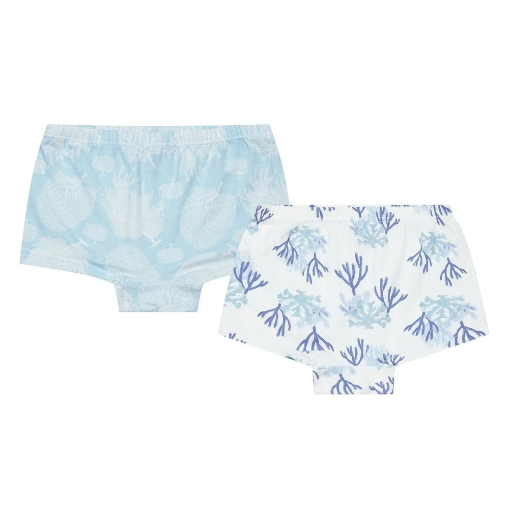 Nest Designs Bamboo Girls Short Underwear 2-pack: light blue coral reef print and white with blue seaweed pattern, elastic waist briefs
