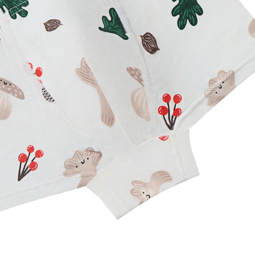 Nest Designs bamboo jersey boys boxer briefs, 2-pack, white with fall print featuring birds and red berries.