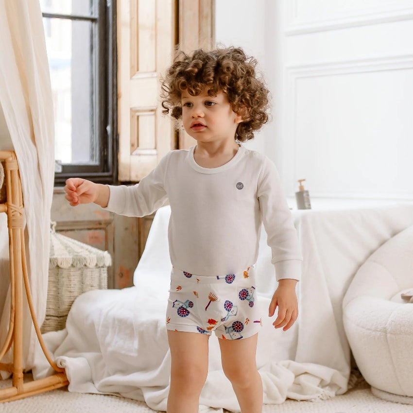 Nest Designs bamboo jersey boys boxer briefs underwear, harvest time print, white with colorful motifs