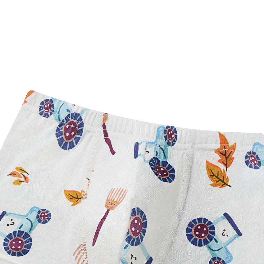 Nest Designs bamboo jersey boys boxer briefs underwear 2-pack Harvest Time on white with colorful tractors and leaves