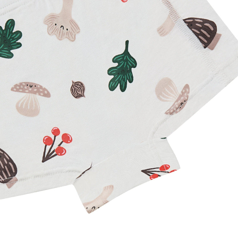 Nest Designs bamboo jersey girls' short underwear 2-pack with fall forest print featuring mushrooms and greens