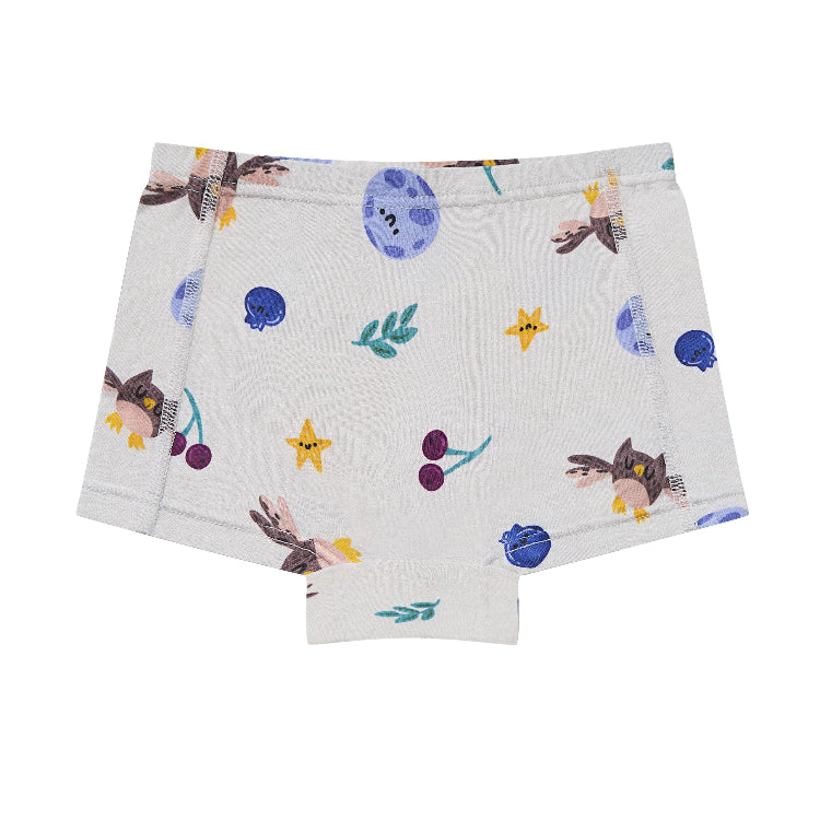Nest Designs bamboo jersey girls' boy short underwear, 2-pack, white with colorful woodland prints