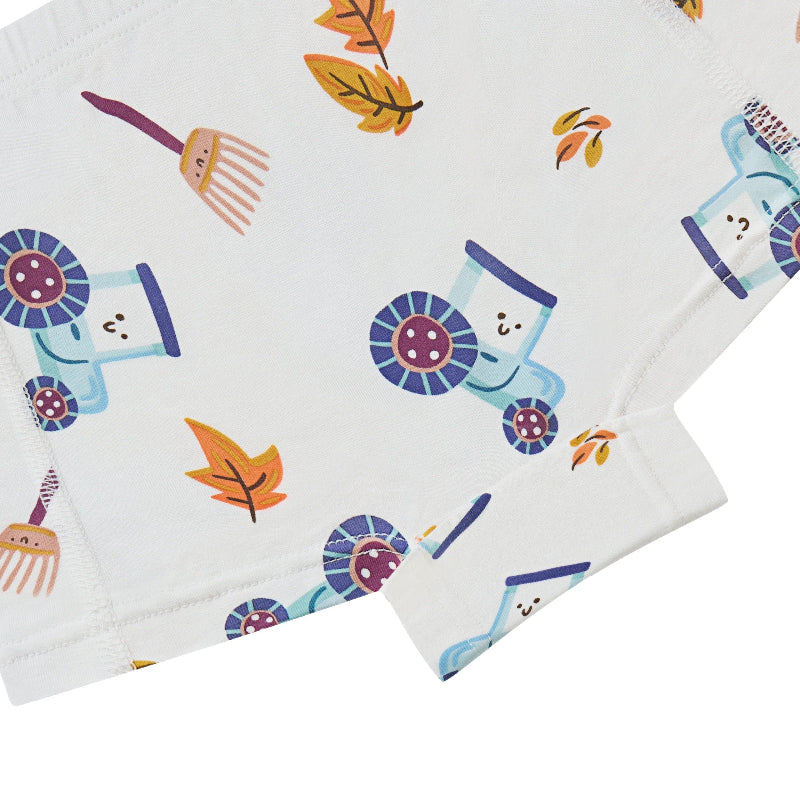 Nest Designs bamboo jersey girls' boy short underwear 2-pack Harvest Time pattern with blue tractors